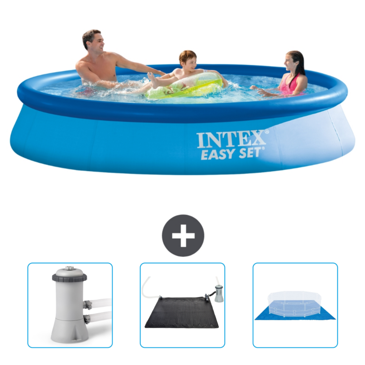 Familie im blauen Intex-Pool. Zubehör: Filter, Solarmatte und Poolabdeckung.