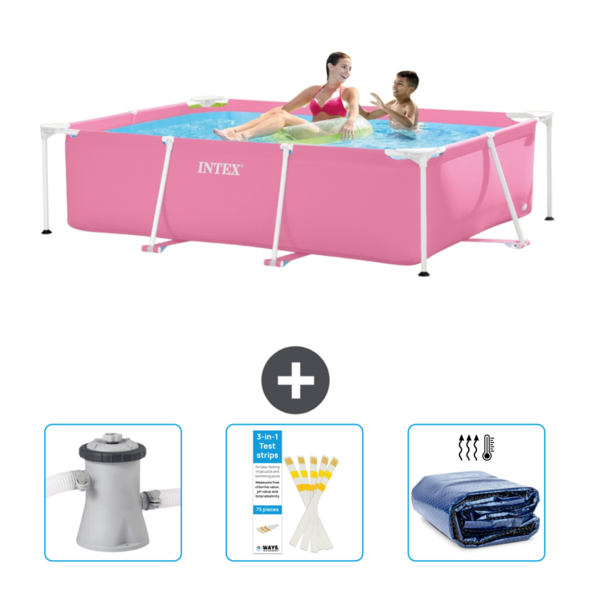 Mensen in een roze rechthoekig zwembad met accessoires. Intex zwembad met mensen en accessoires.