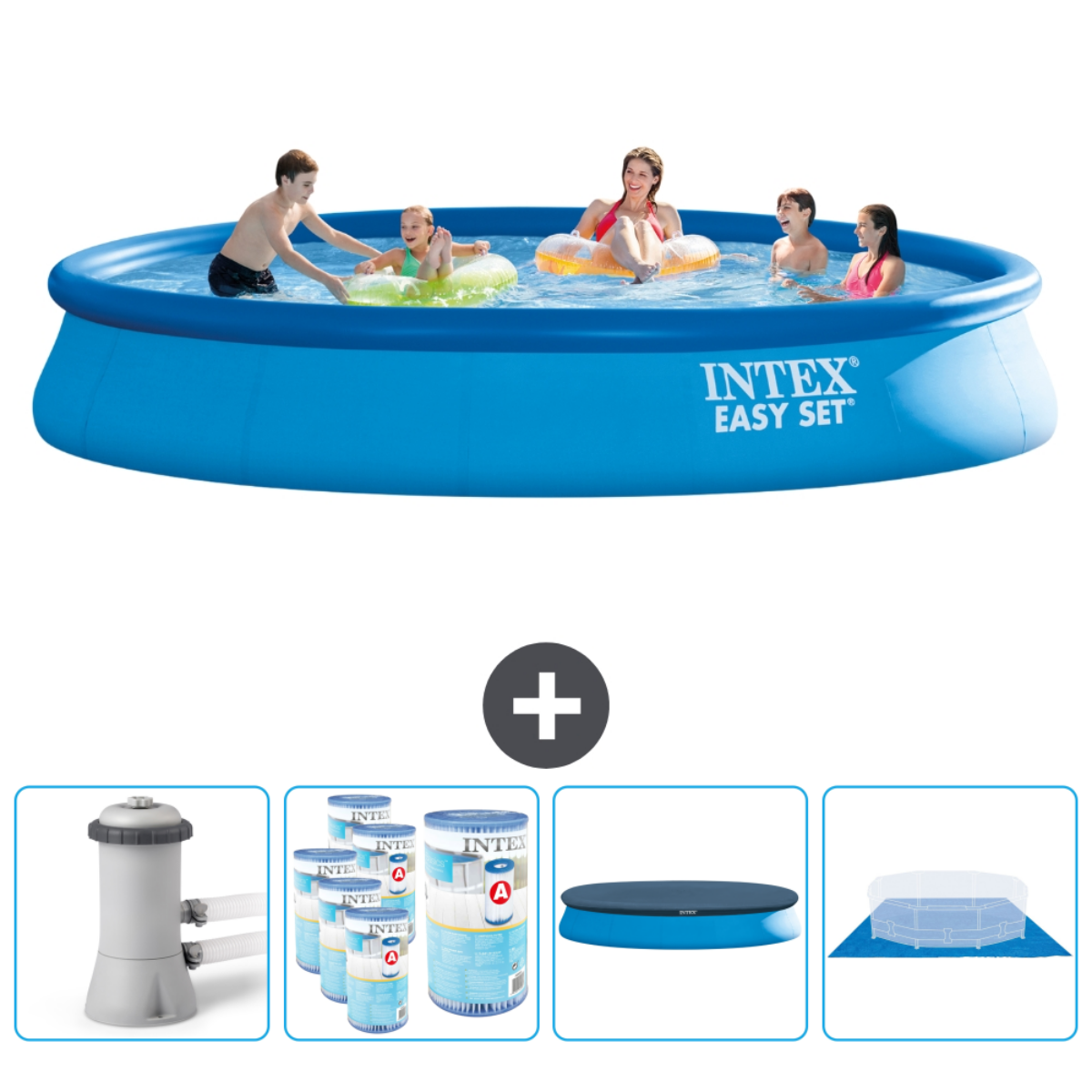 Leute in einem blauen Intex-Pool. Beinhaltet Pool, Pumpe, Chlor und Teststreifen.