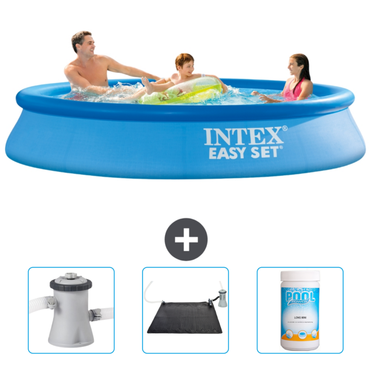 Blauer aufblasbarer Pool mit drei schwimmenden Personen, plus Poolzubehör.