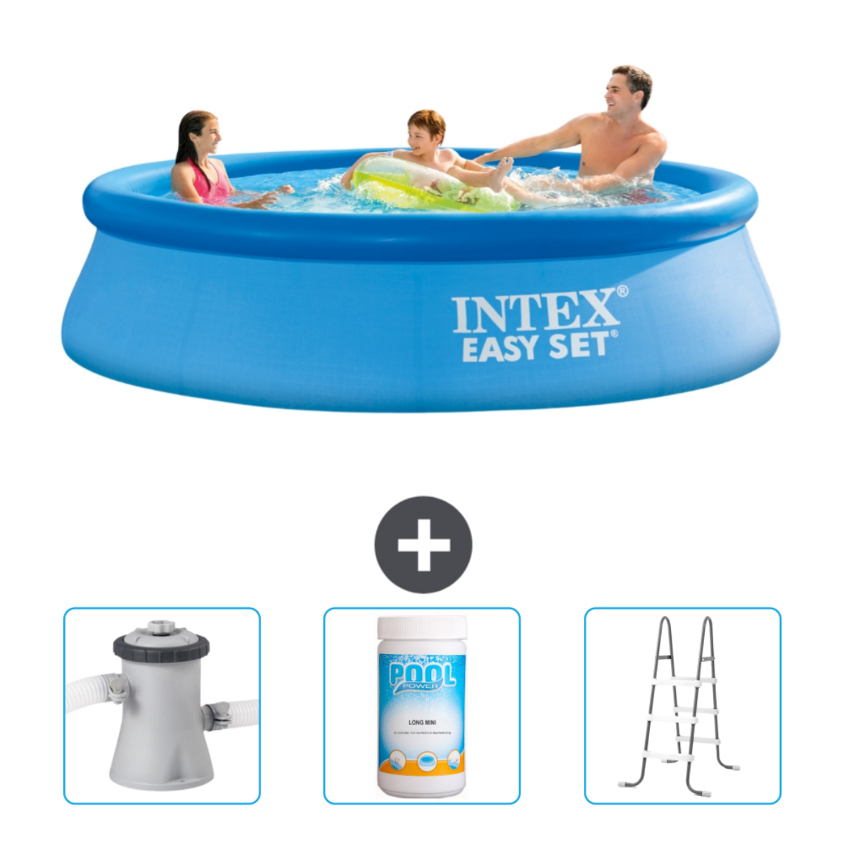 Eine Familie in einem blauen Pool mit Zubehör, plus weiteres Poolzubehör.