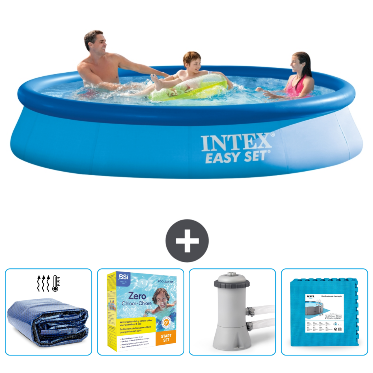 Blauer runder Pool mit drei Personen, plus Poolzubehör im Vordergrund.