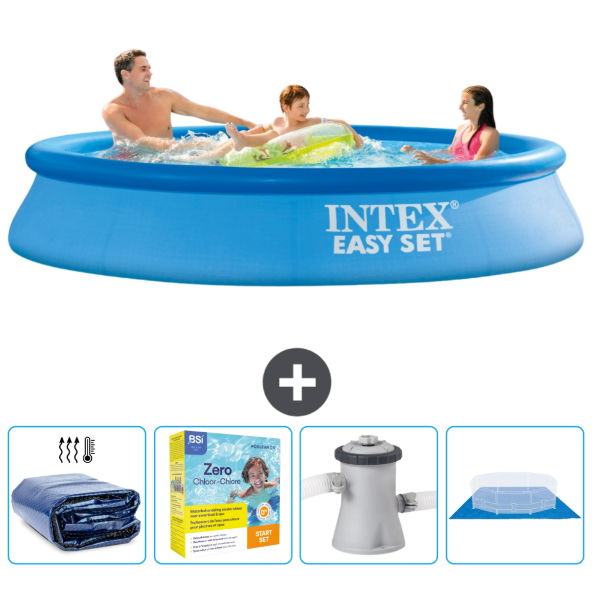 Menschen in einem blauen Planschbecken mit Zubehör. Intex Easy Set Pool mit Menschen.