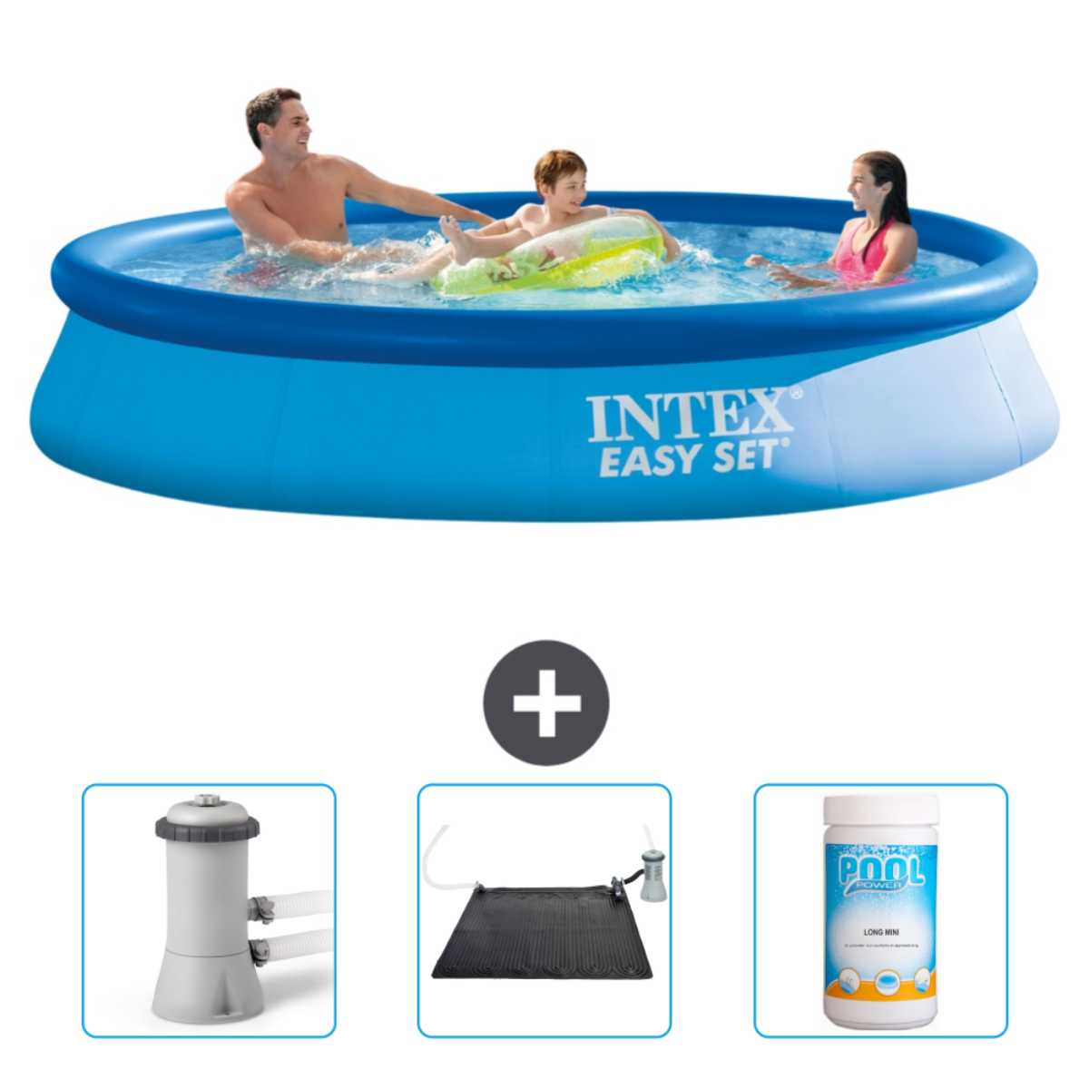 Blauer, runder INTEX Easy Set Pool mit schwimmenden Personen. Darunter Filter, Solarmatte und Chemikalien.