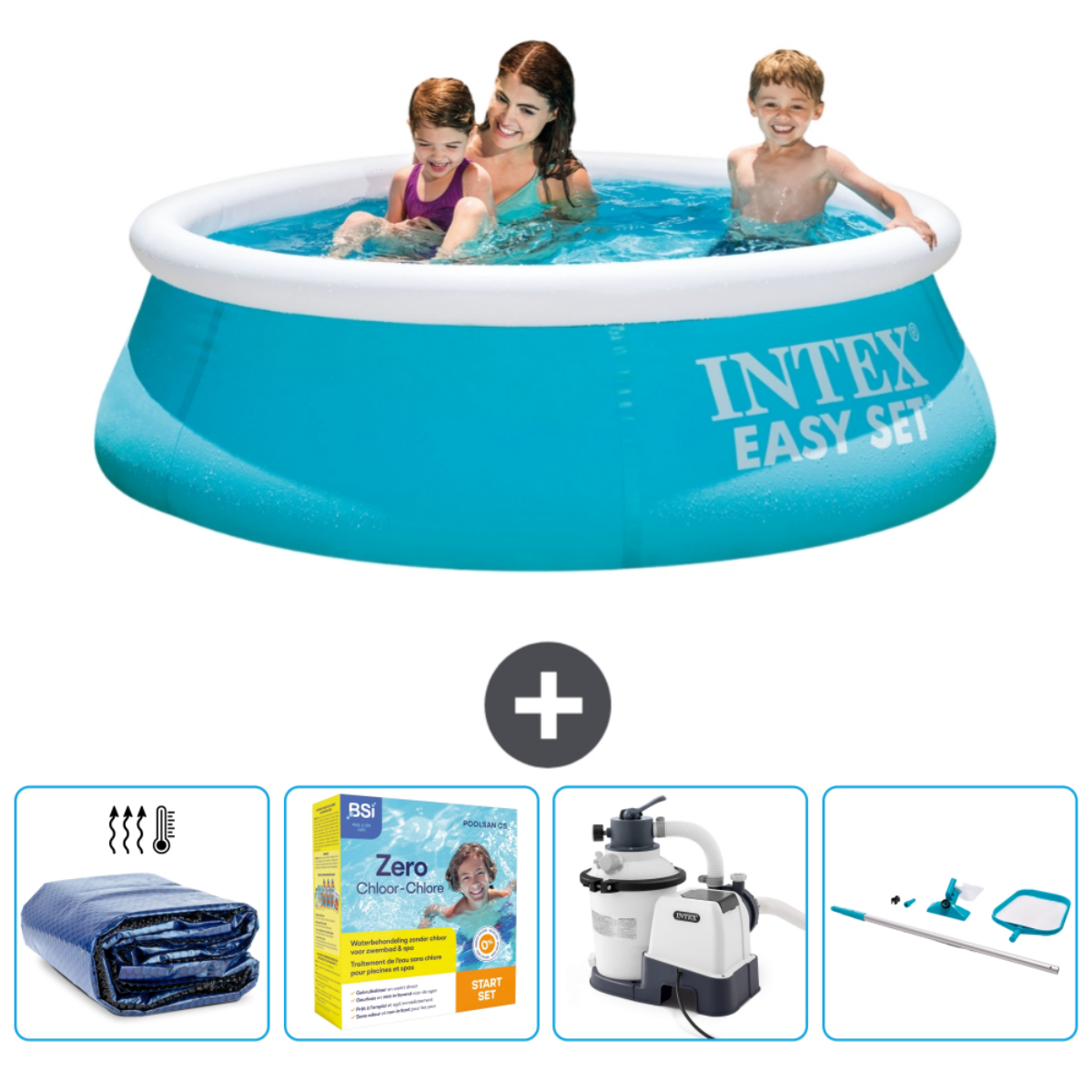 Blauer aufblasbarer Pool mit drei schwimmenden Personen, plus Poolzubehör.