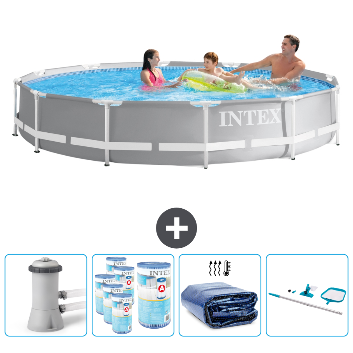 Des personnes dans une piscine. Les accessoires incluent un filtre, des produits chimiques, une bâche et un filet.