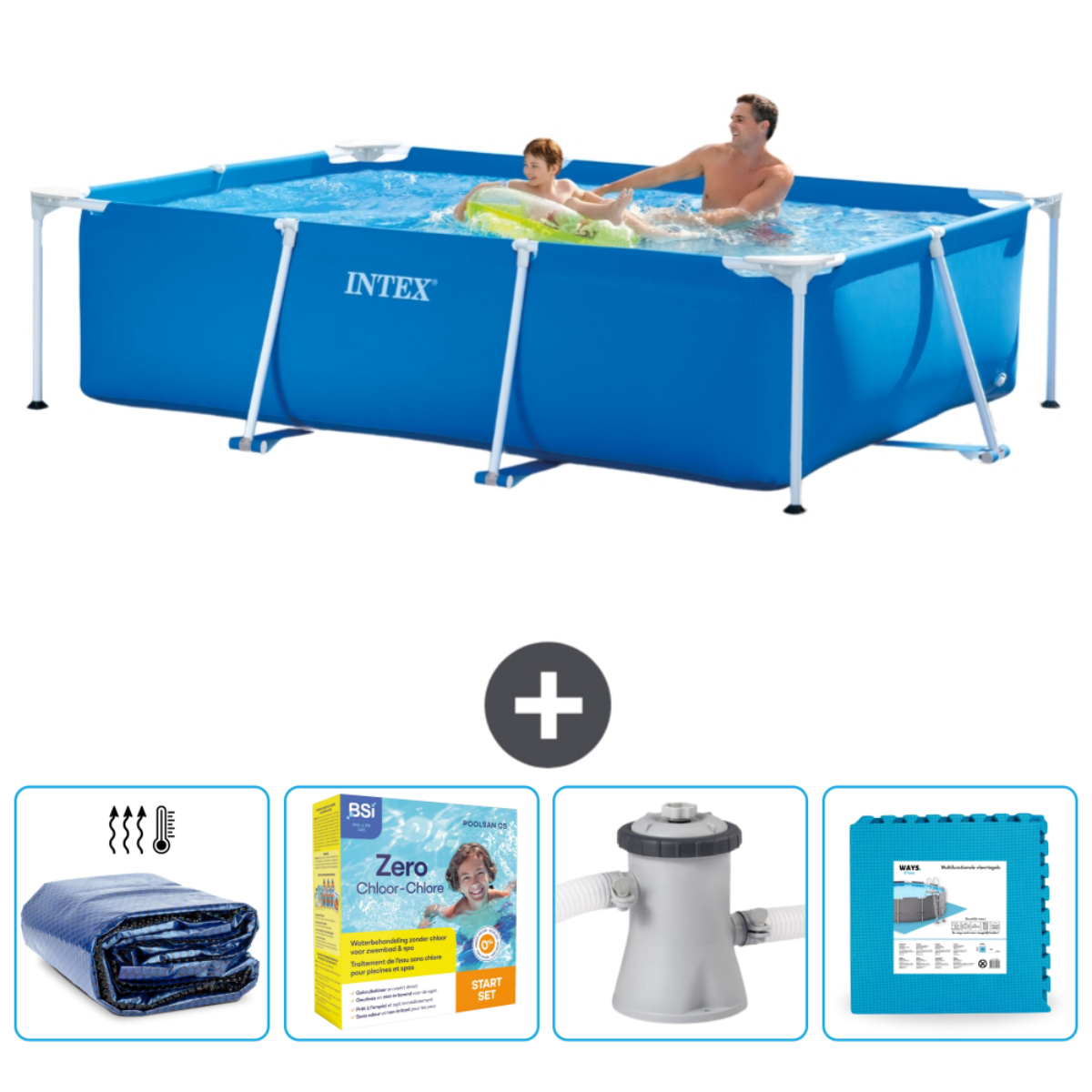 Een rechthoekig blauw zwembad met mensen. Accessoires: afdekking, chemicaliën en pomp.