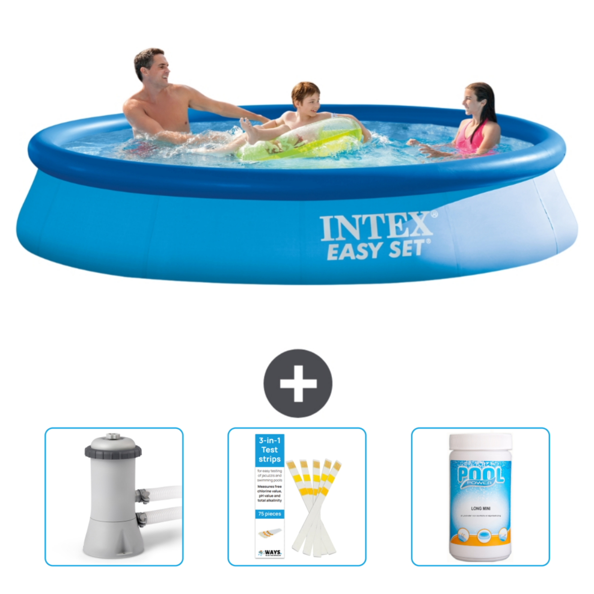 Familie schwimmt in einem blauen Planschbecken. Teststreifen und Poolwartungsartikel sind ebenfalls abgebildet.
