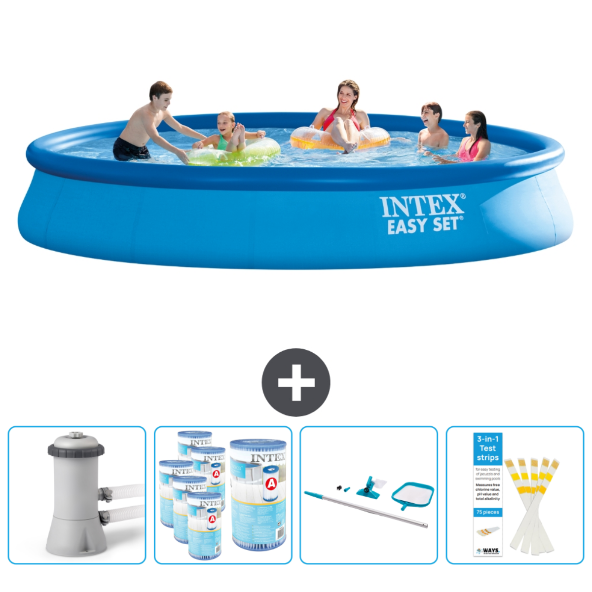 Blauer Intex-Pool mit Personen, Zubehör: Filter, Chemikalien und Teststreifen.