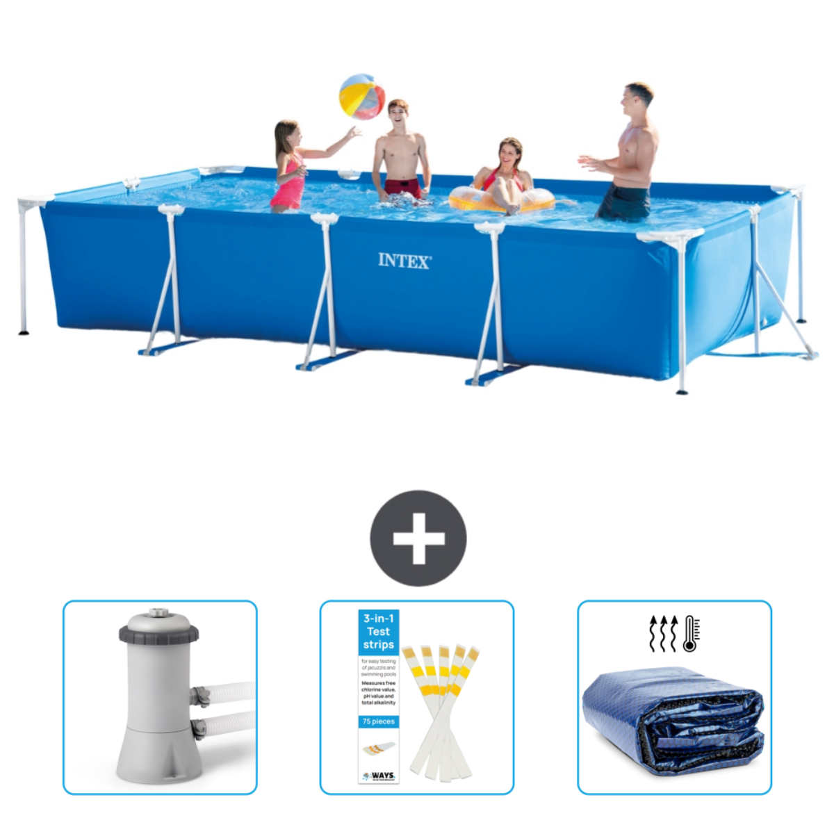 Rechthoekig zwembad met mensen, plus filter, teststrips en afdekking. 'INTEX'.