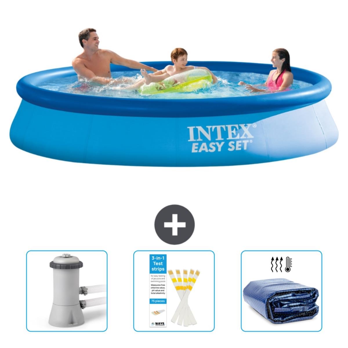 Menschen in einem blauen Planschbecken mit Zubehör. Intex Easy Set Pool mit Menschen.