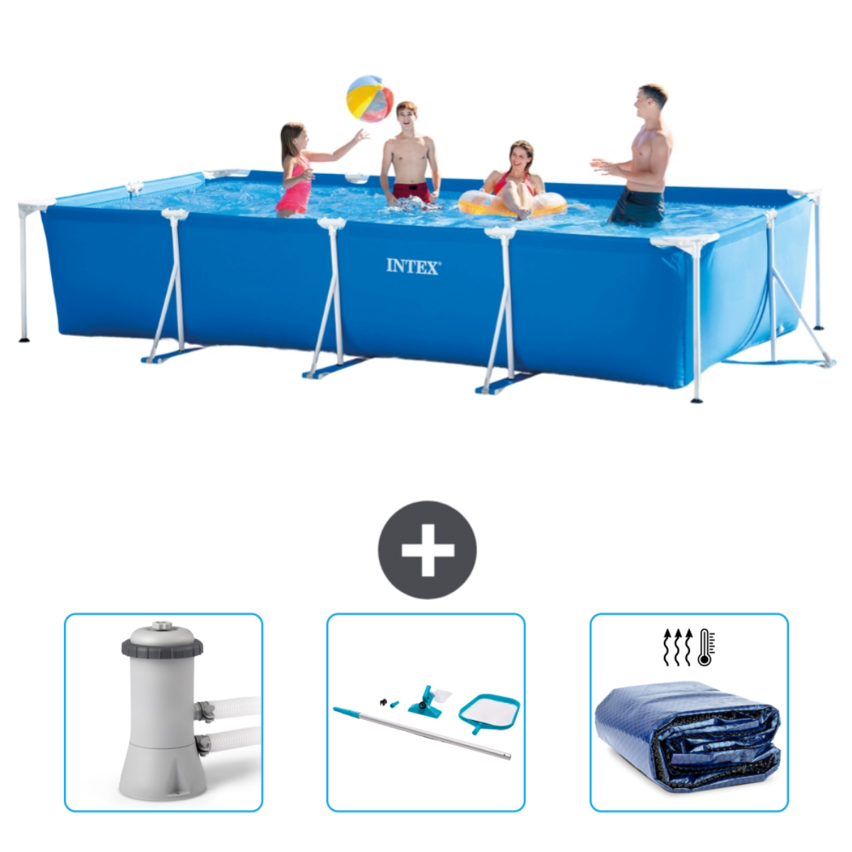 Menschen schwimmen in einem rechteckigen blauen Pool mit Wartungsartikeln. Ein Filter, Reinigungswerkzeuge und eine Poolabdeckung sind abgebildet.
