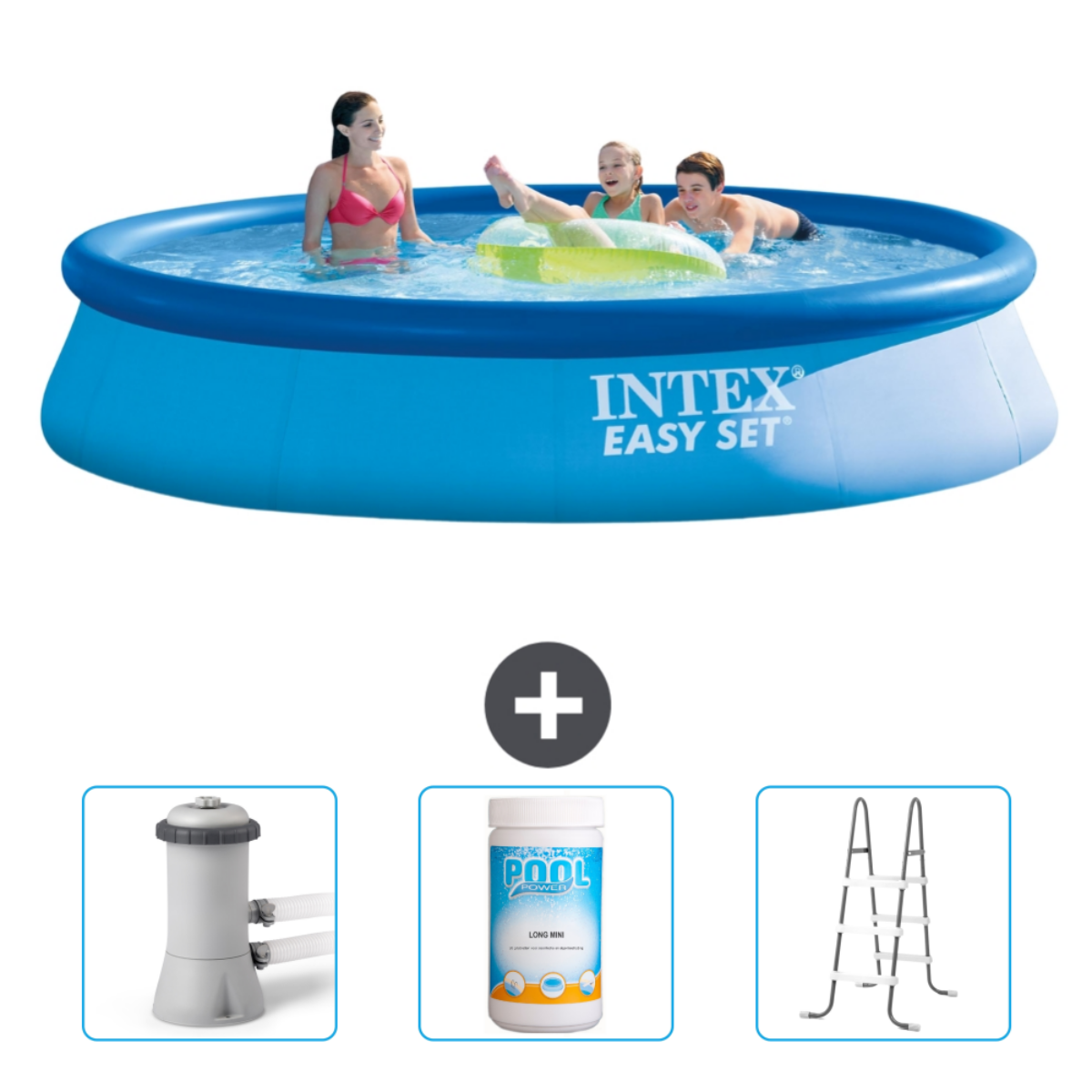 Familie im blauen Intex-Pool. Zubehör: Filter, Poolchemikalien und Leiter.