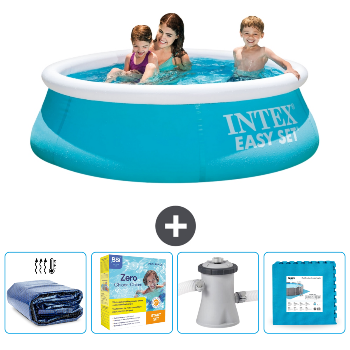 Leute in blauem Rundpool mit Zubehör: Abdeckung, Chemikalien, Filter und Matte.