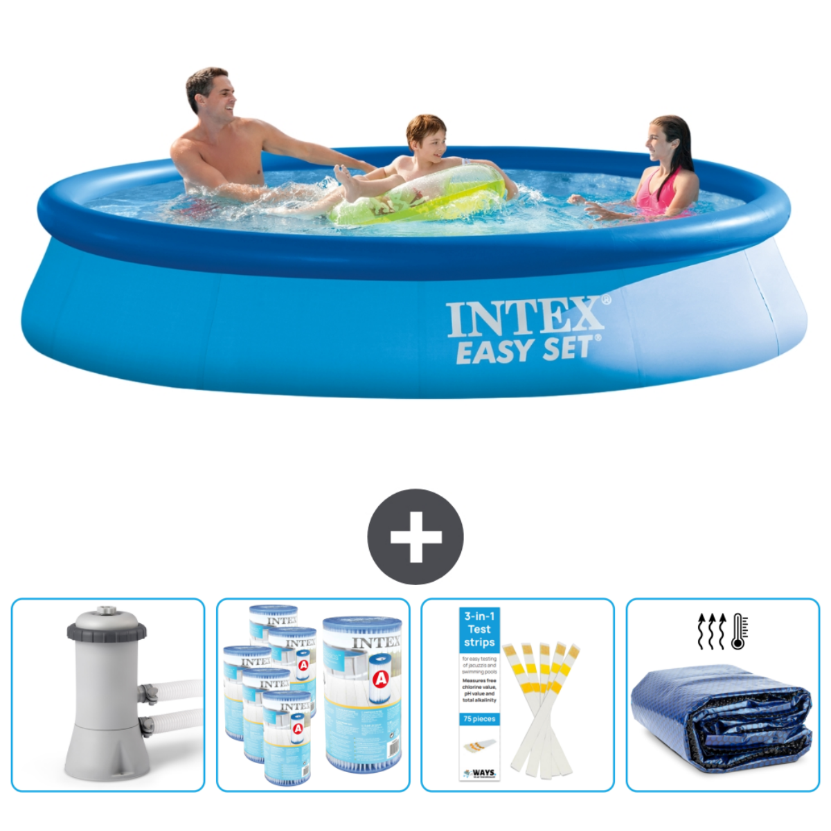 Blauer, runder INTEX Easy Set Pool mit schwimmenden Personen. Darunter Filter, Chemikalien, Teststreifen und eine Abdeckung.