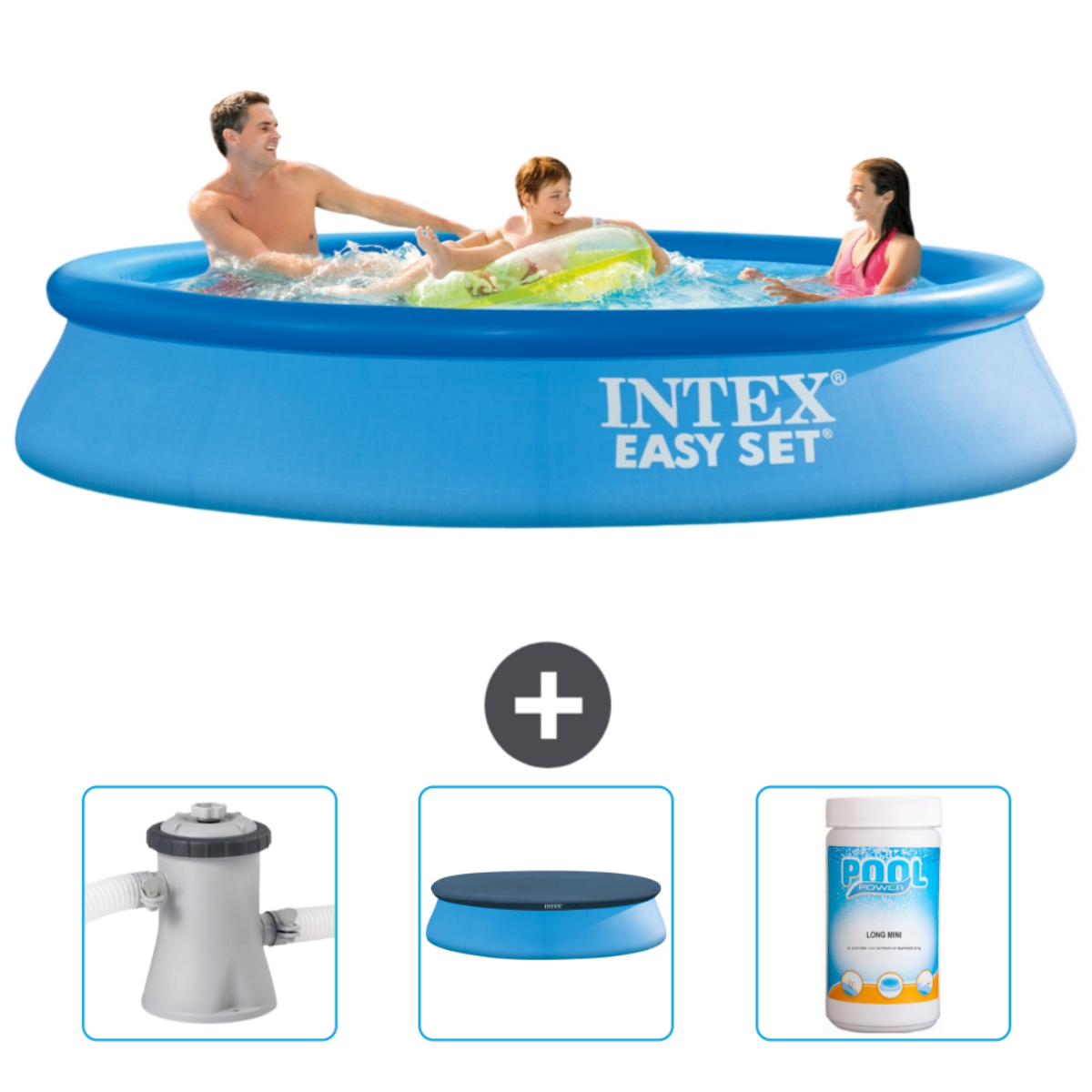 Blauer Intex Easy Set Pool mit Personen, Filter, Abdeckung und Chemikalien. Personen im Pool.