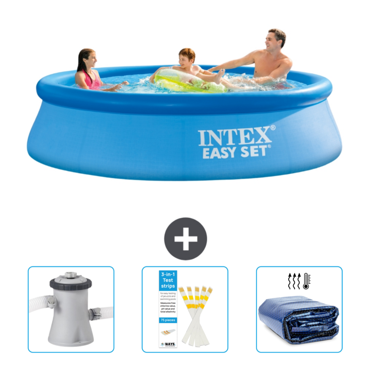 Leute in einem blauen Intex-Pool. Enthalten: Filter, Teststreifen und Abdeckung.