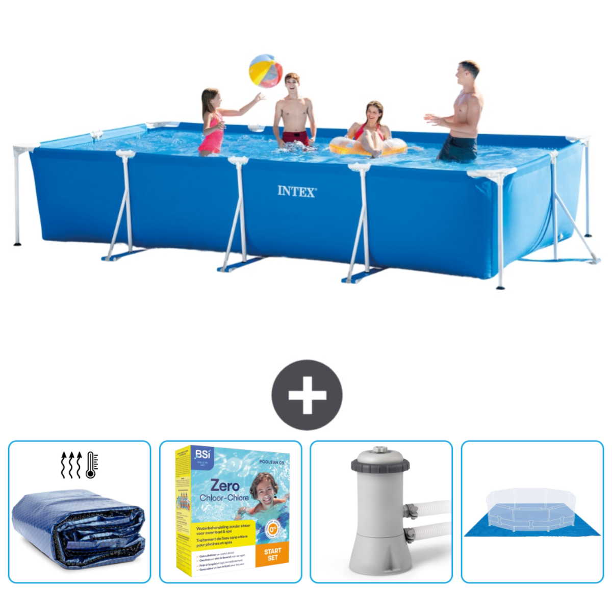 Piscine rectangulaire Intex bleue, accessoires : couverture, produits chimiques, filtre, tapis.