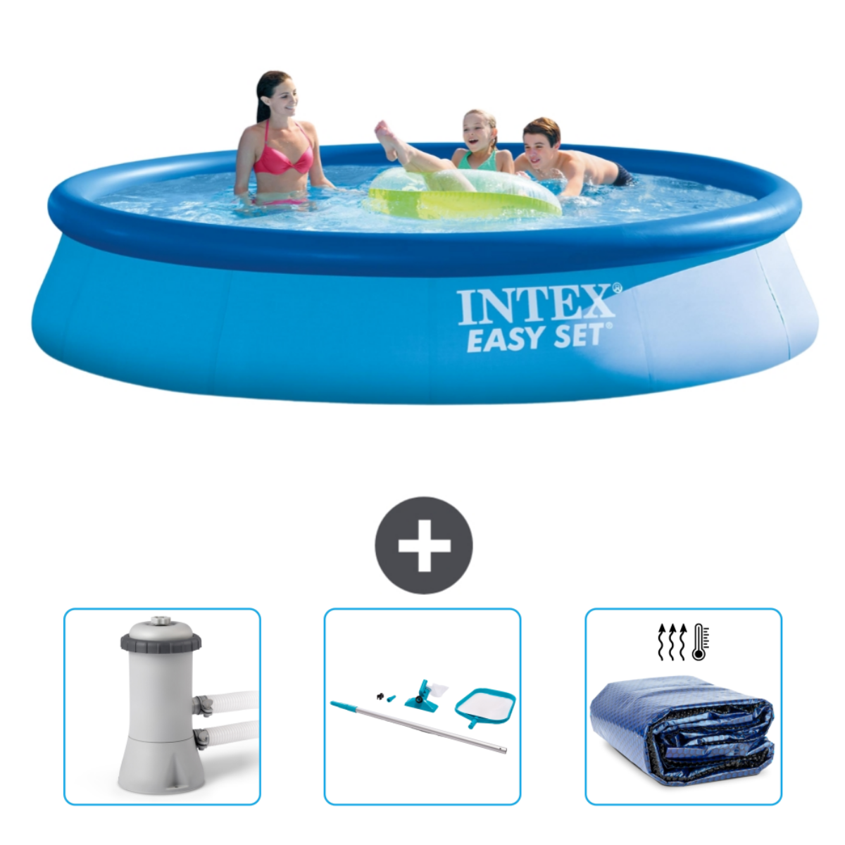 Blauer Intex Easy Set Pool mit Personen. Filter, Reinigungsgerät und Abdeckung.