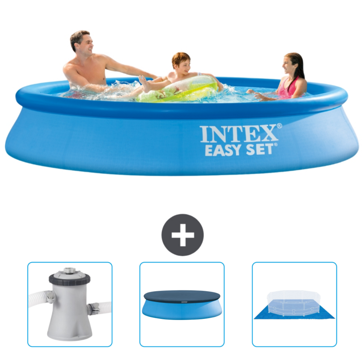 Blauer Intex Easy Set Pool mit Personen, Filter, Abdeckung und Zubehör. Personen im Pool.