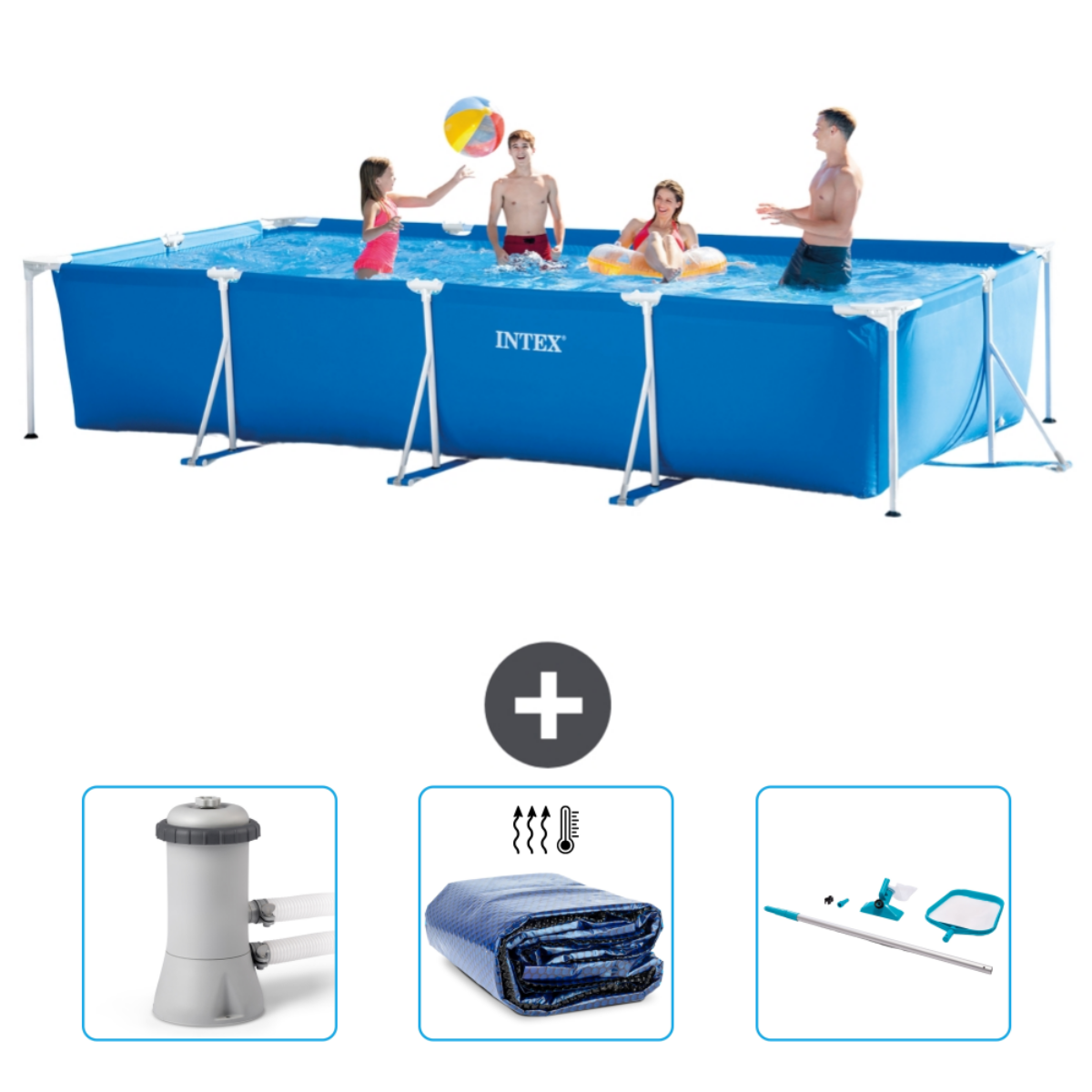 Menschen in rechteckigem blauen Pool, Zubehör: Pumpe, Abdeckung und Reinigungswerkzeuge.
