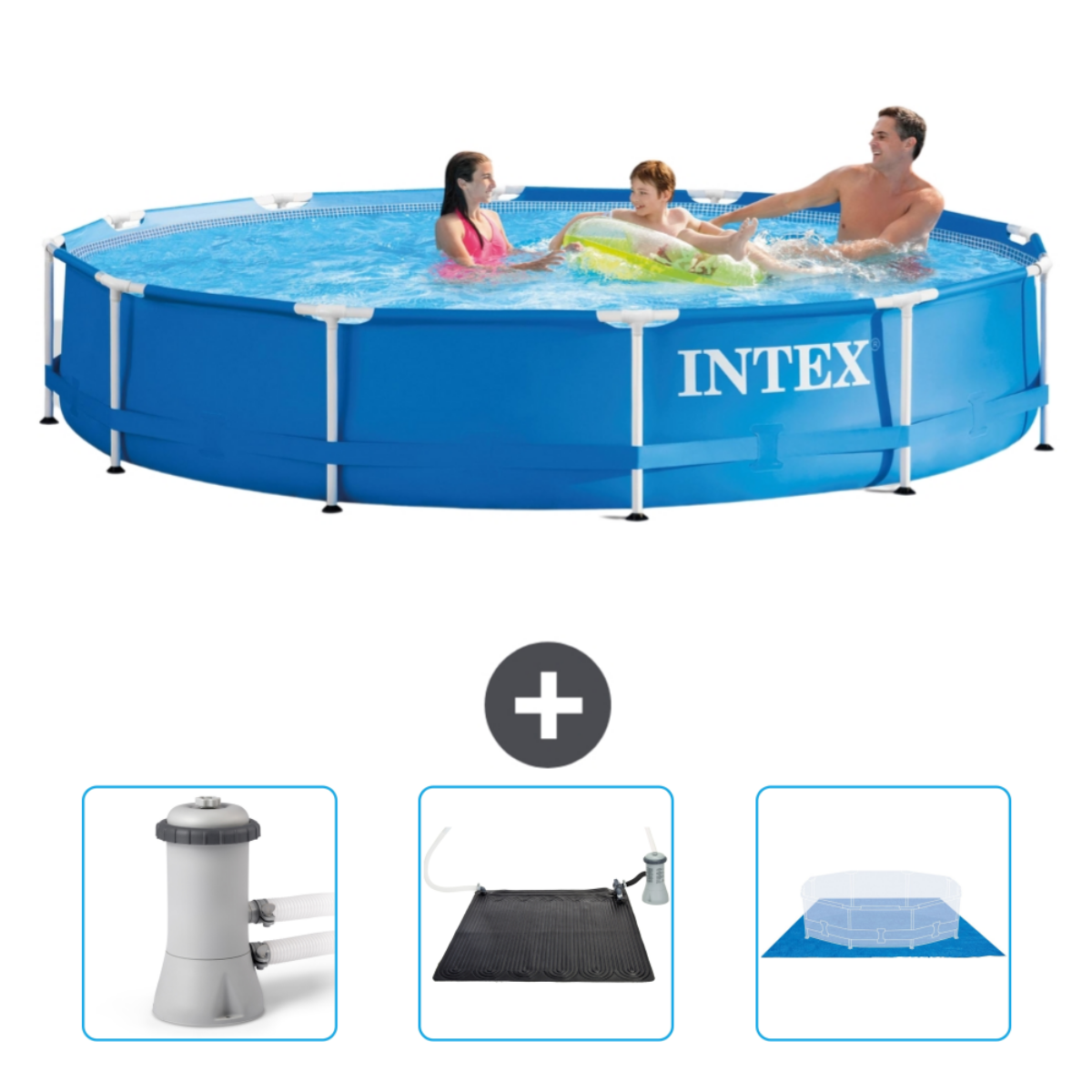 Piscine Intex bleue avec personnes, accessoires : filtre, chauffage solaire et bâche.
