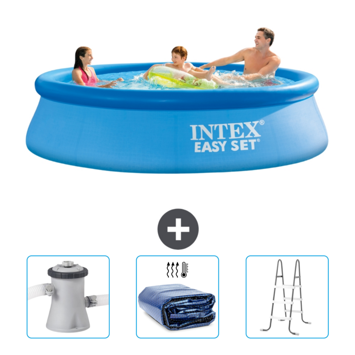 Familie in blauem Intex-Pool. Beinhaltet Filter, Abdeckung und Leiter.