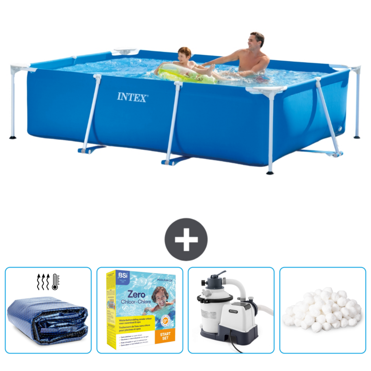 People in a blue pool. Accessories include a cover, chemicals, a filter, and foam balls.
