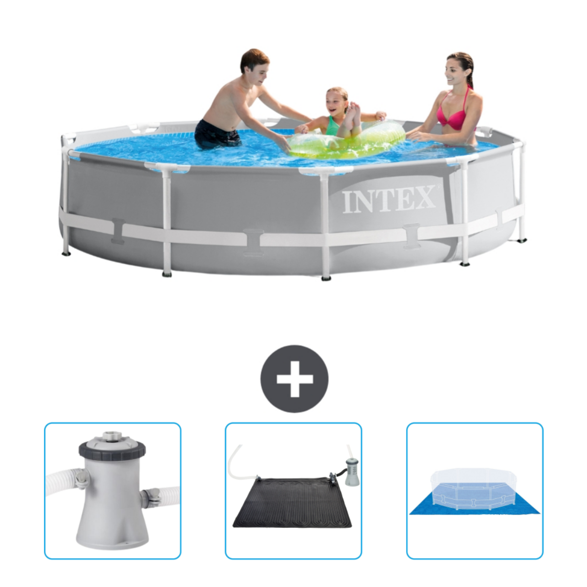 People in a grey round pool with accessories: filter, solar mat, and a pool mat.