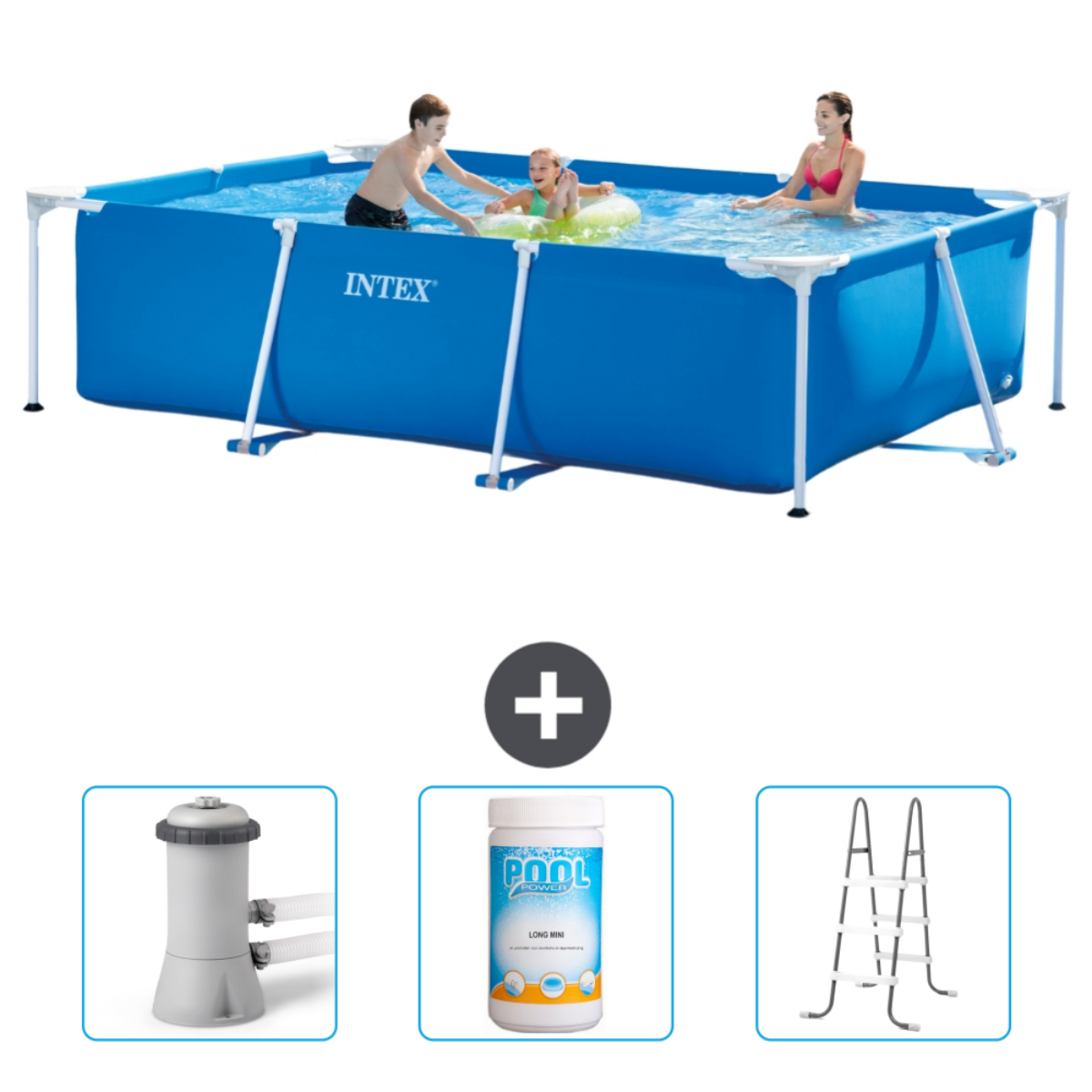 Leute in einem blauen Intex-Pool. Enthalten: Filter, Chemikalien und eine Leiter.