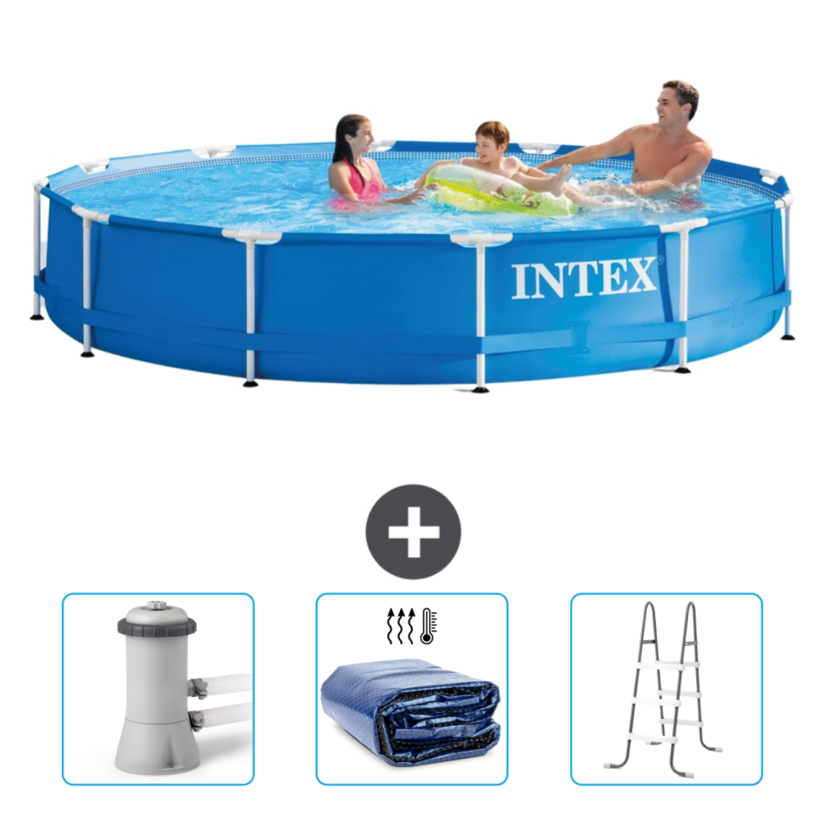 Personen in einem Intex-Pool. Zubehör: Filter, Abdeckung und Leiter.