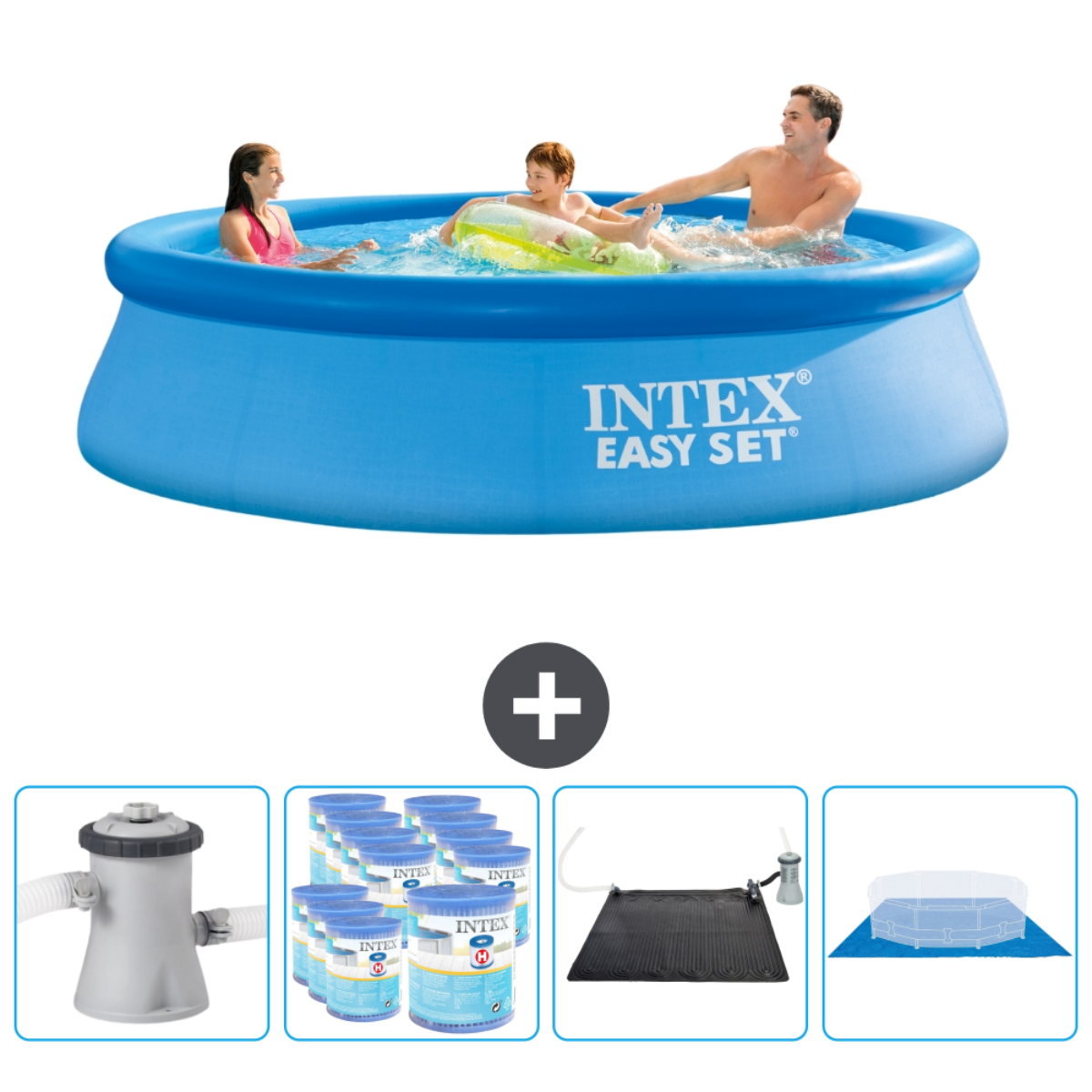 Personen im blauen Easy Set Pool, Zubehör: Pumpe, Chemikalien und Solarpanel.