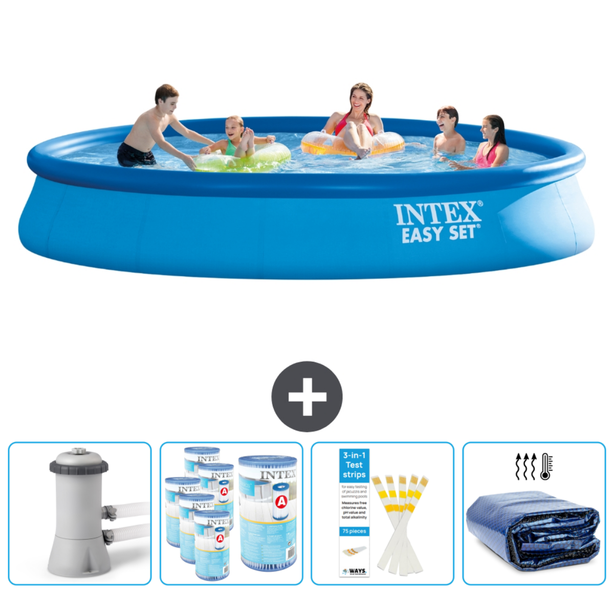 Intex Easy Set Pool mit Personen, plus Filter, Teststreifen und Abdeckung.