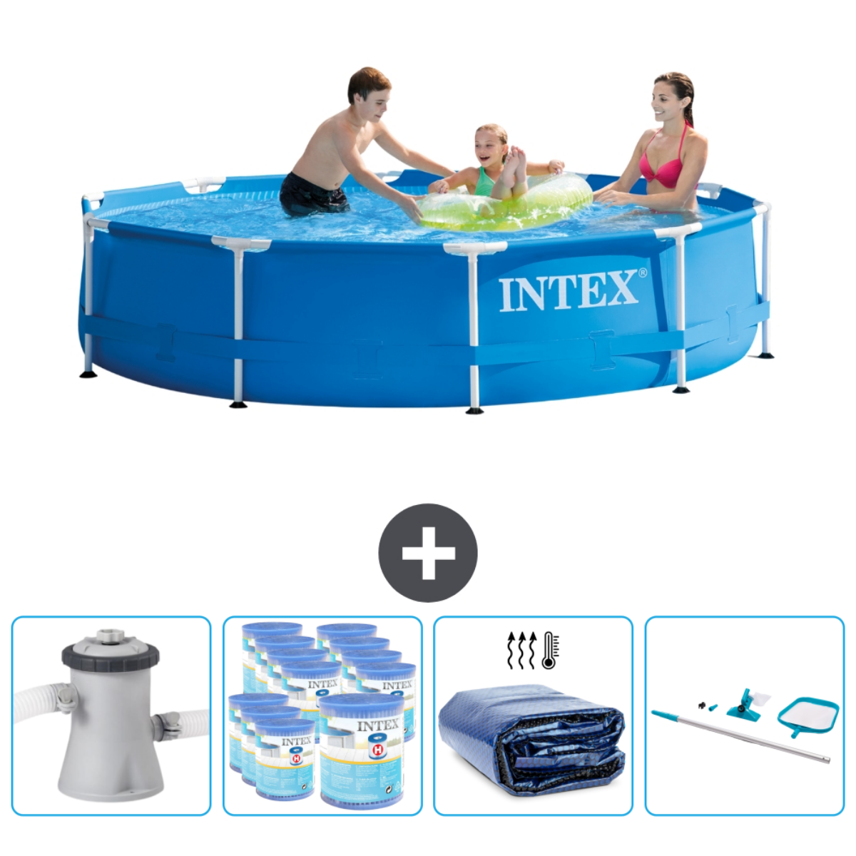 Personnes dans une piscine Intex bleue. Inclus: filtre, produits, couverture et nettoyage.