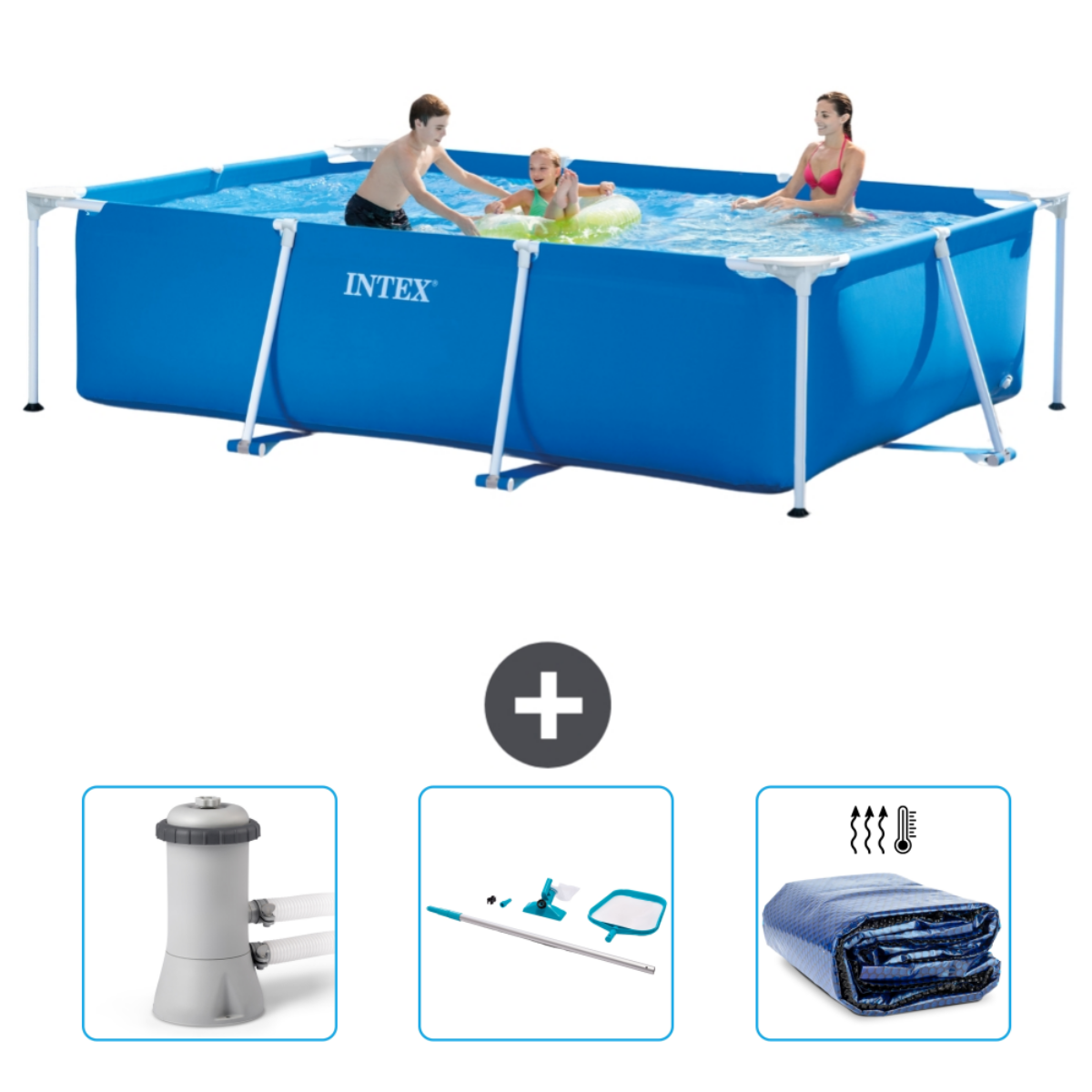 Drei Personen in einem blauen Pool. Zubehör: Filter, Reinigungsgeräte und eine Abdeckung.