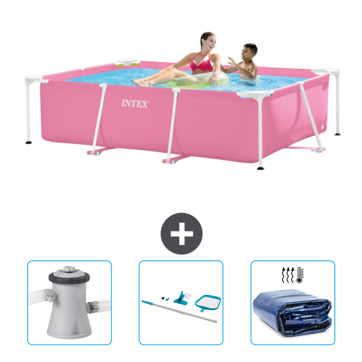 Rosa rechteckiger Pool mit Personen, plus Filter, Reinigungsgerät und Abdeckung.