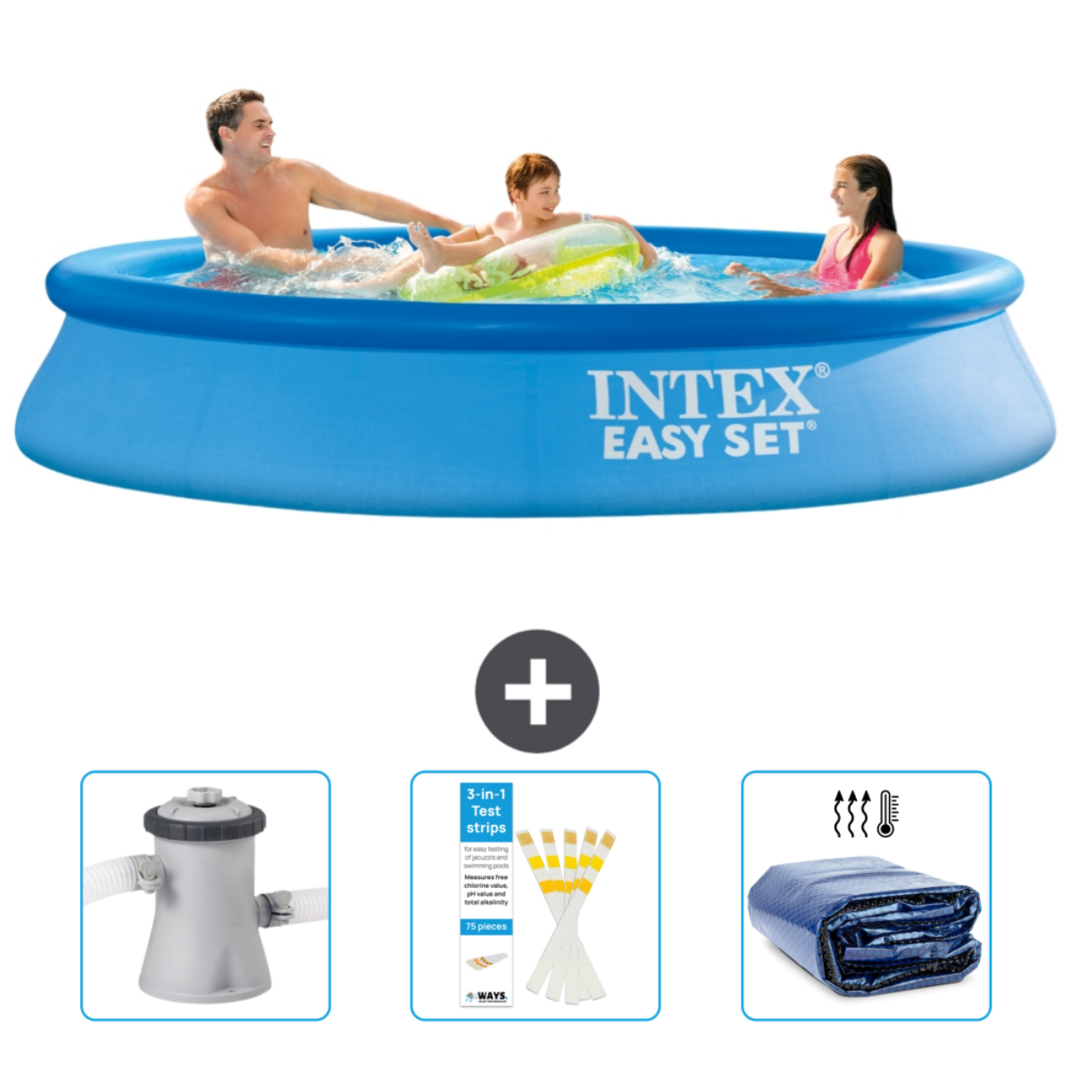 Personen in einem Intex-Pool. Zubehör: Filter, Teststreifen und Abdeckung.