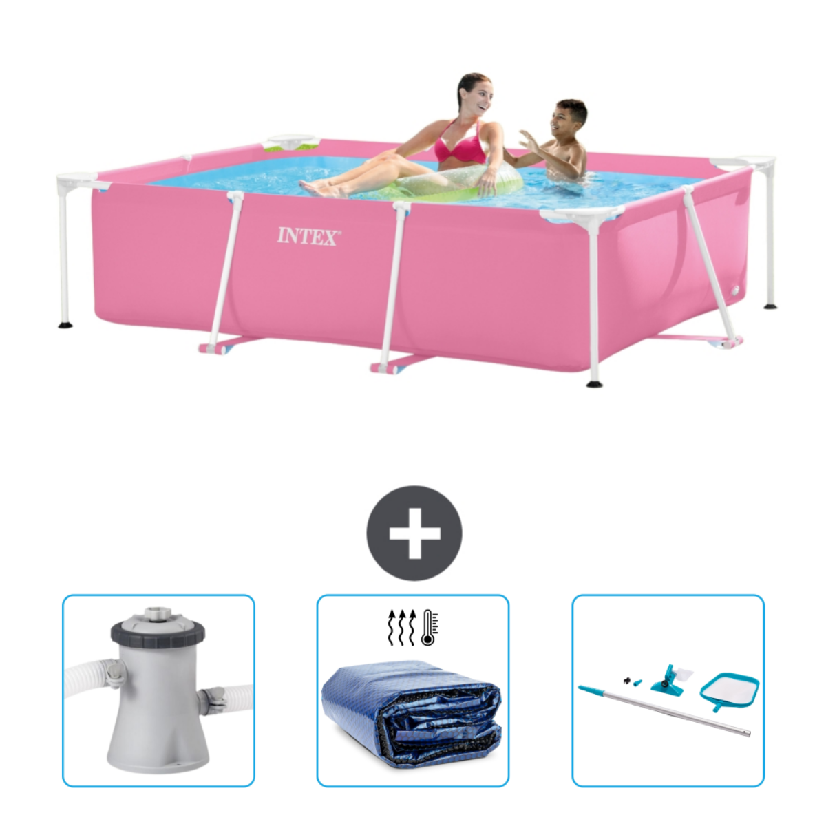 Zwei Personen in einem rosa Intex-Pool. Inklusive Filter, Abdeckung und Reinigungszubehör.