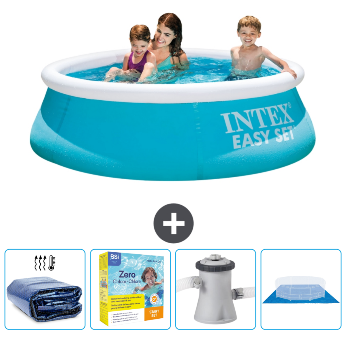 Drei Personen in einem aufblasbaren blauen Pool. Zubehör: Abdeckung und Filtersystem.