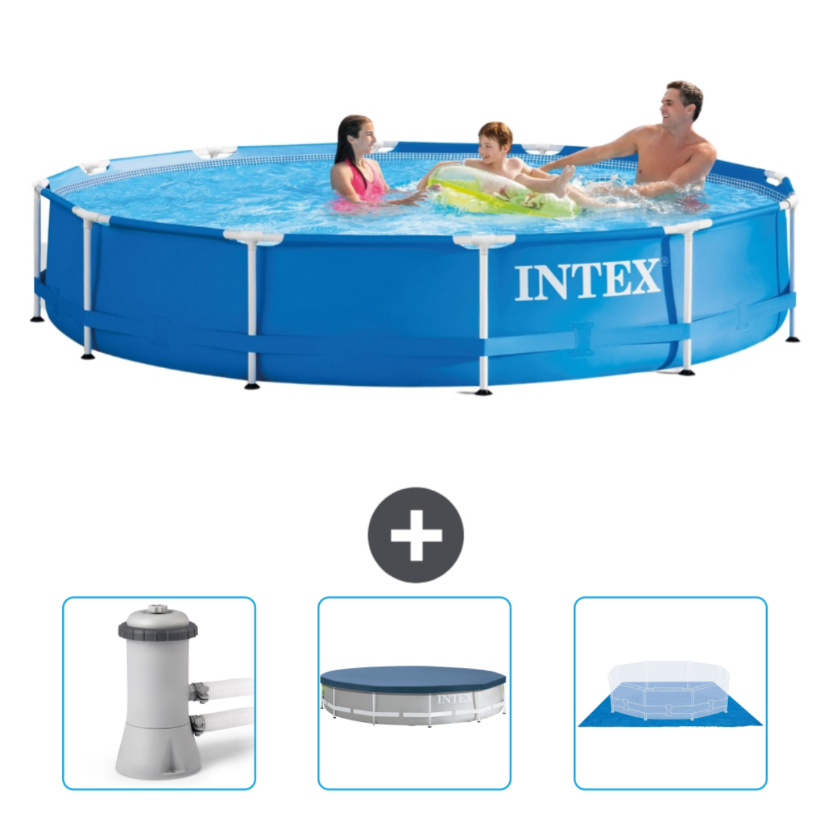 Familie im Intex-Pool. Zubehör: Filter, Abdeckung und Poolmatte.