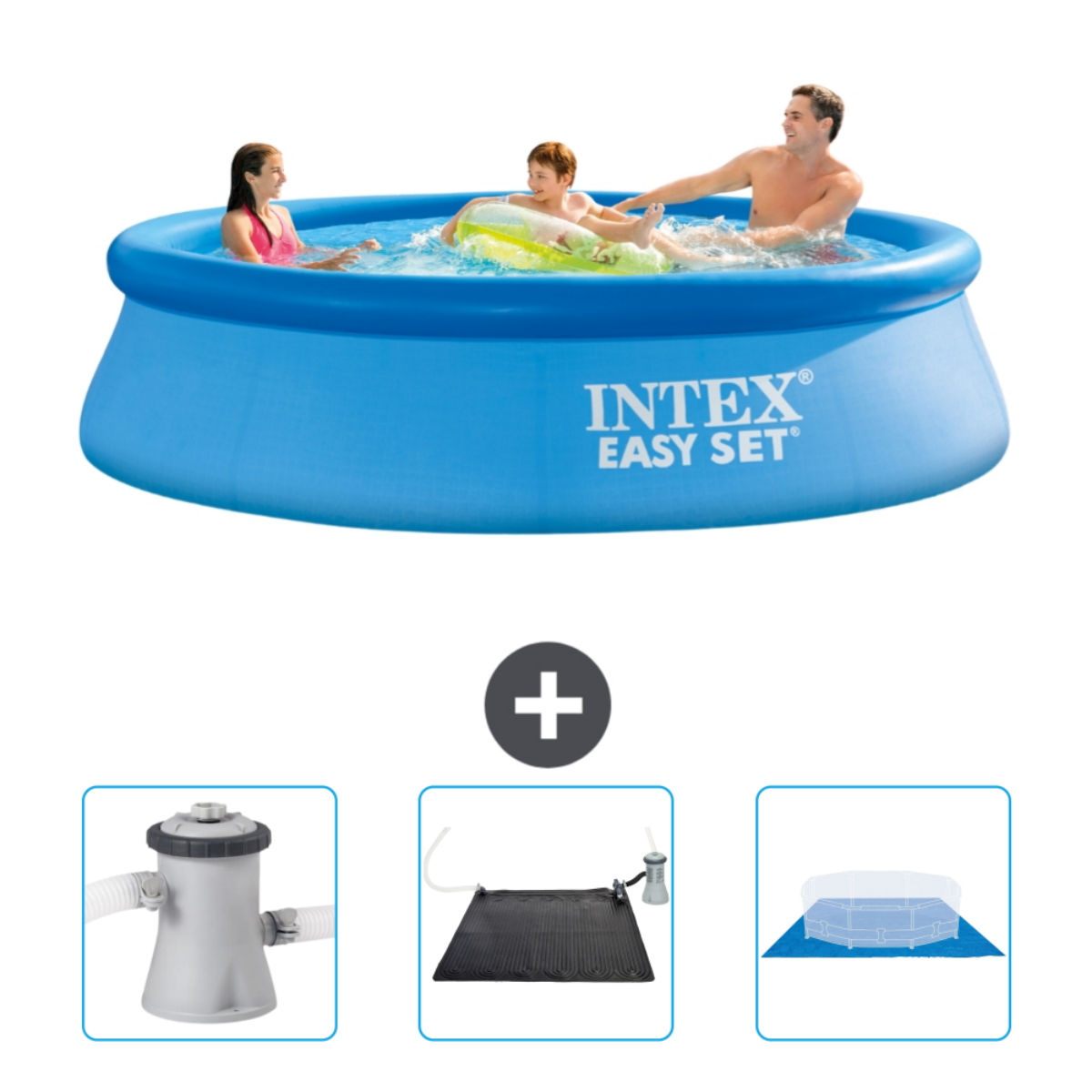 Leute in einem blauen Pool. Zubehör: Pumpe, Solarmatte und Abdeckung.