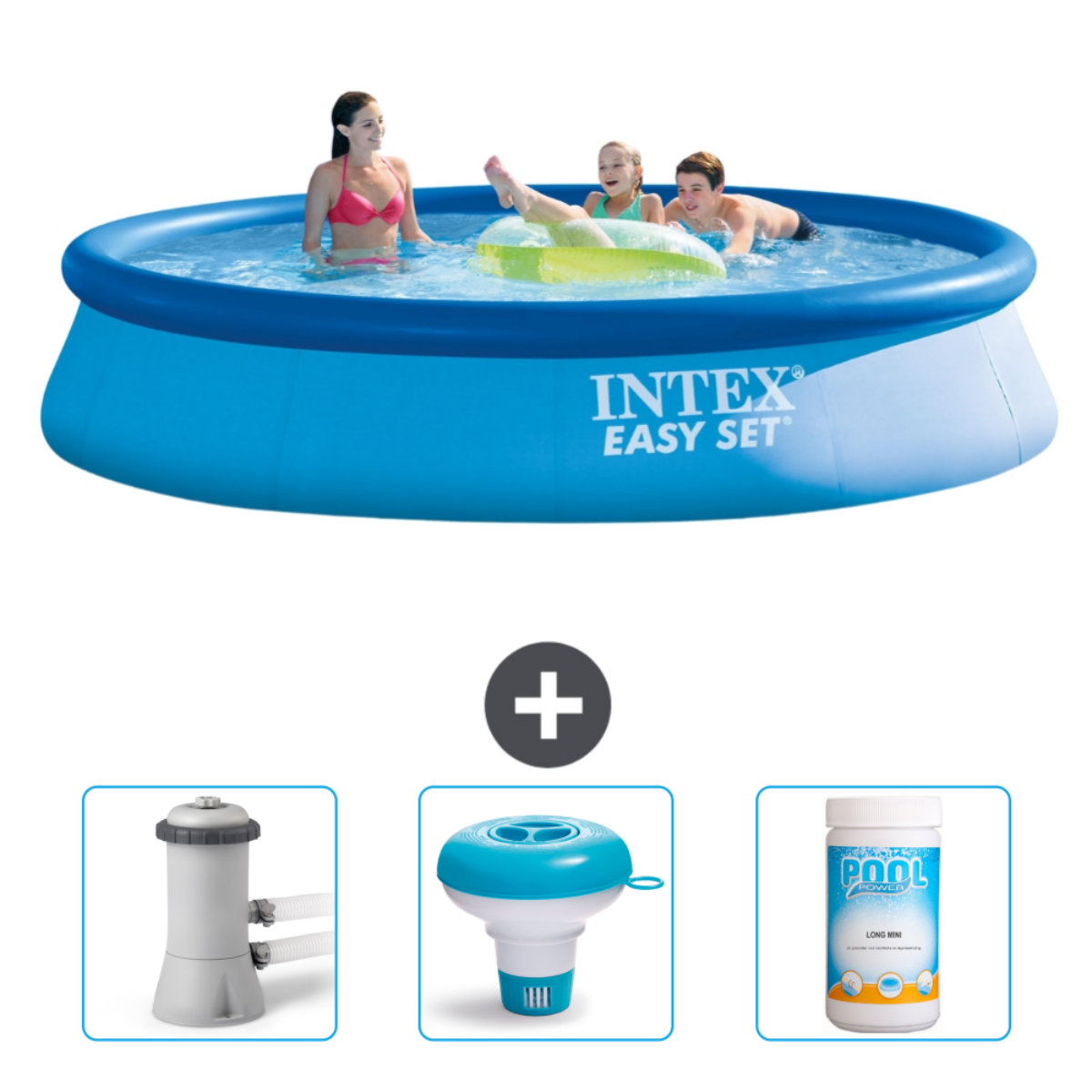 Familie schwimmt in einem blauen Planschbecken. Ein Filter, ein schwimmender Chlorspender und Poolchemikalien sind abgebildet.