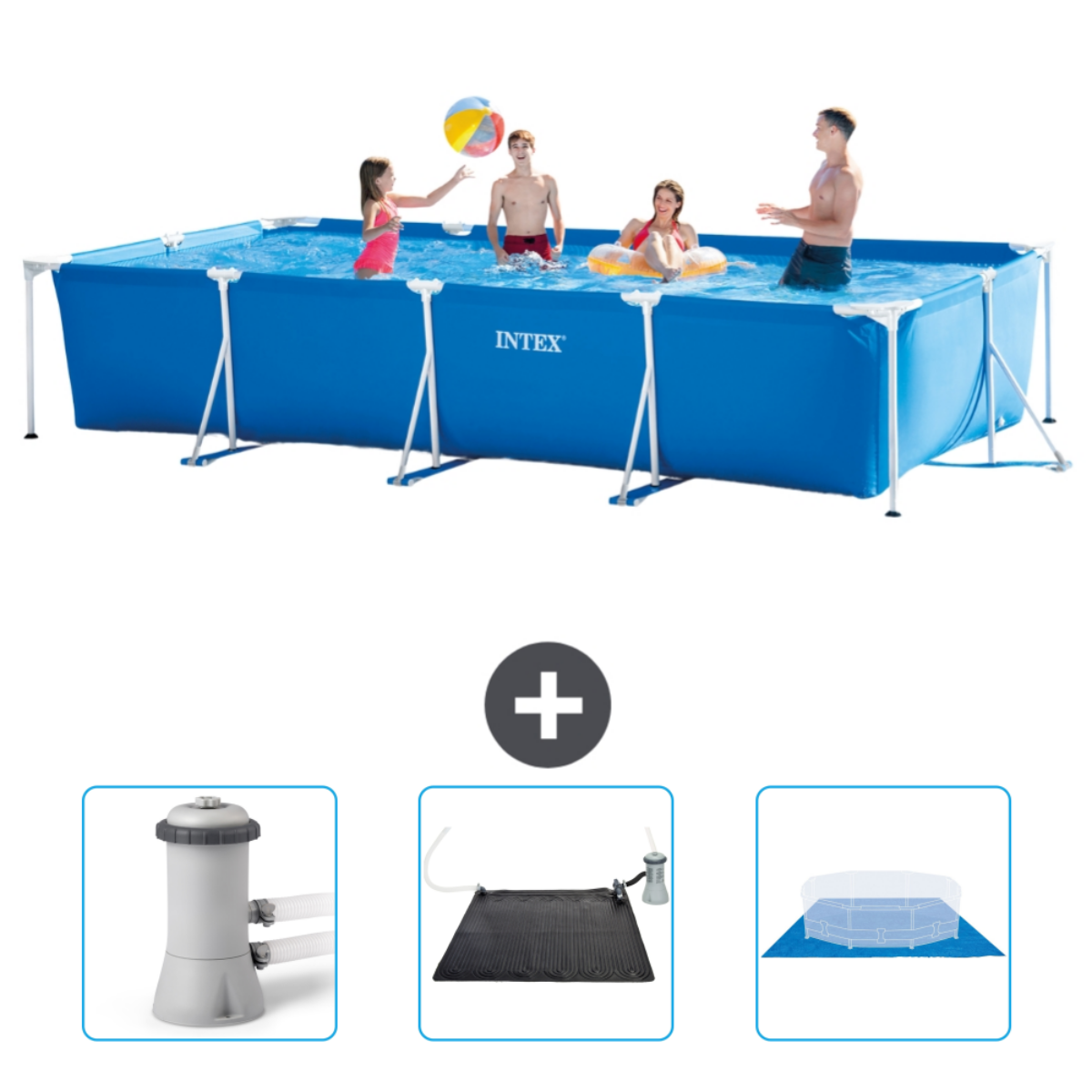 Menschen in einem rechteckigen blauen Pool mit Ball. Zubehör umfasst Filter und Solarmatte. Pool mit INTEX beschriftet.