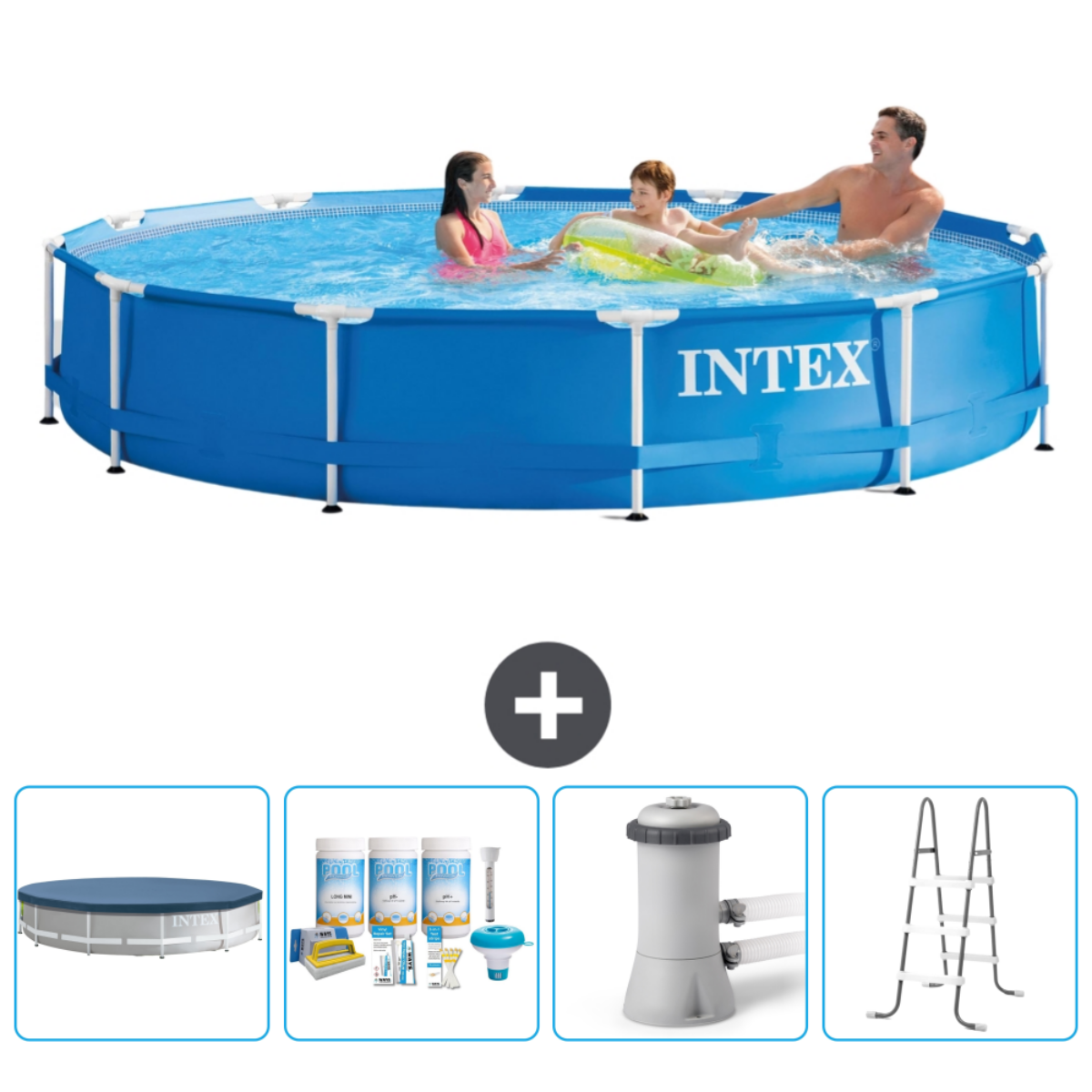 Piscine Intex bleue avec personnes, accessoires : bâche, produits chimiques, filtre et échelle.