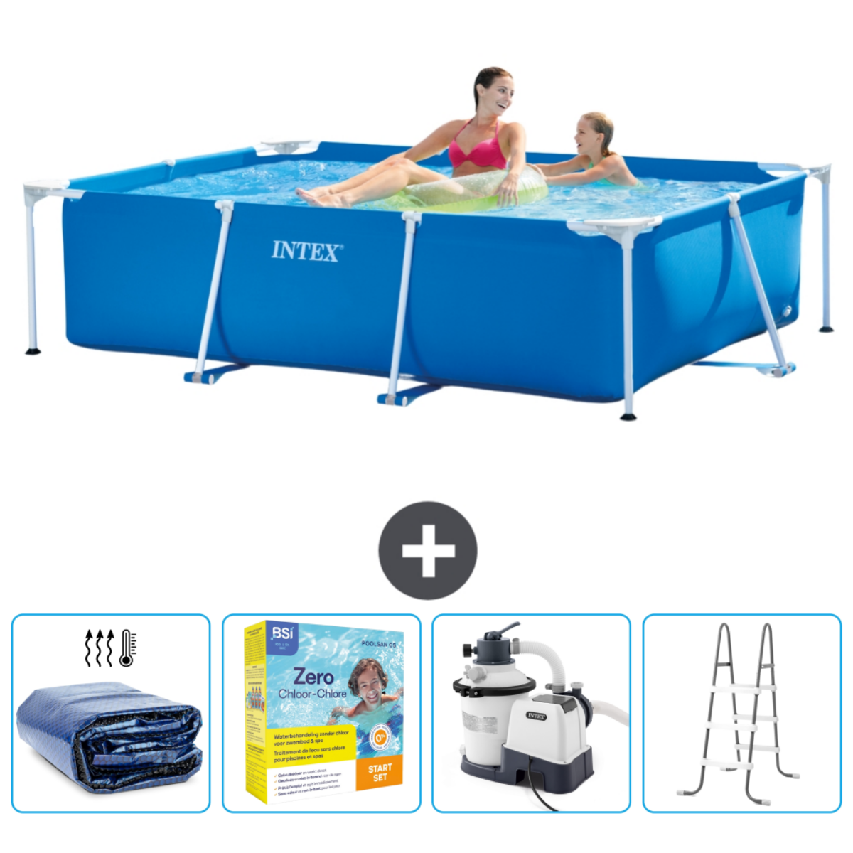 Leute schwimmen in einem blauen Intex-Pool. Unten sind Poolzubehörteile: Abdeckung, Chemikalien, Pumpe und Leiter.