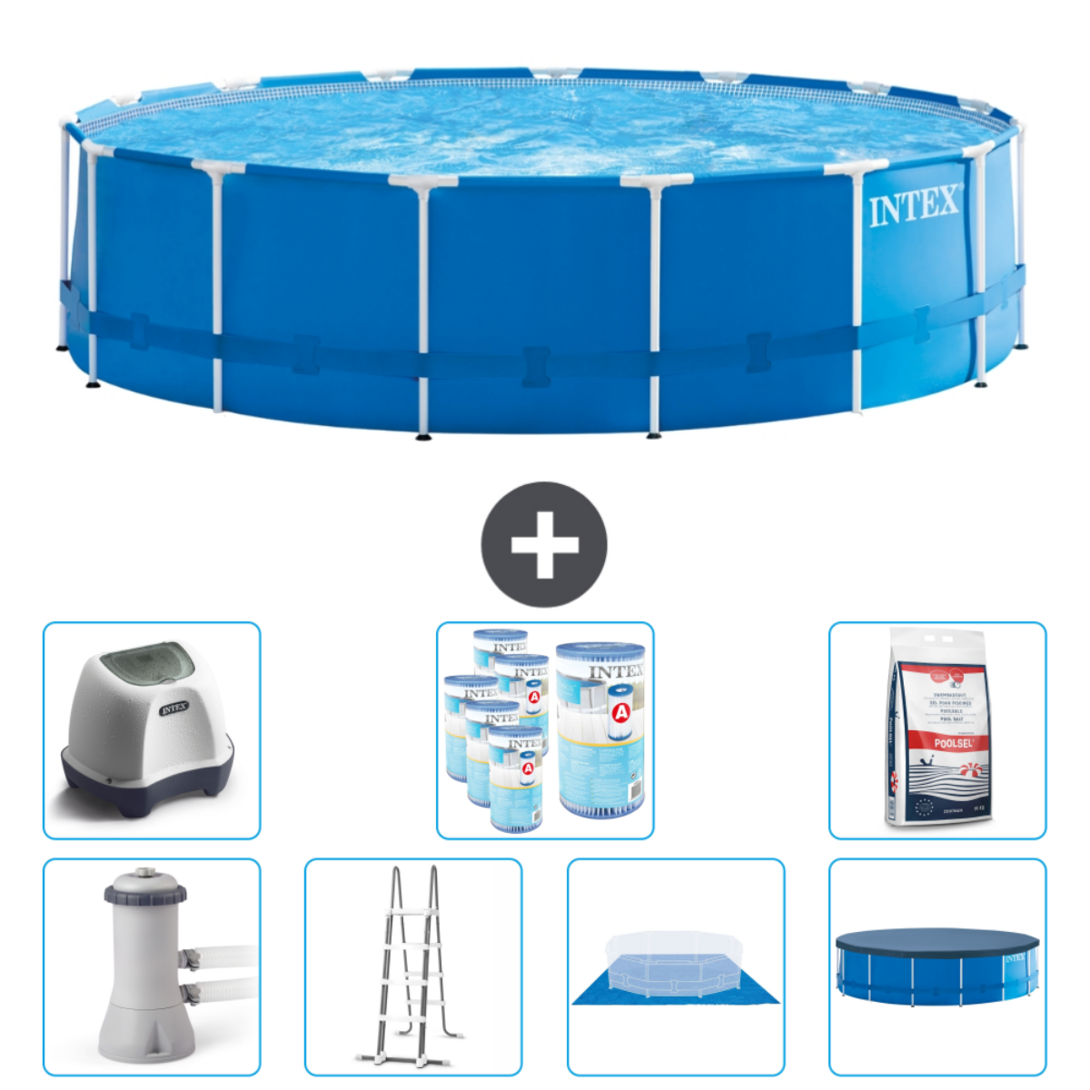 Een blauw zwembad met accessoires, waaronder een pomp, chemicaliën en een ladder.