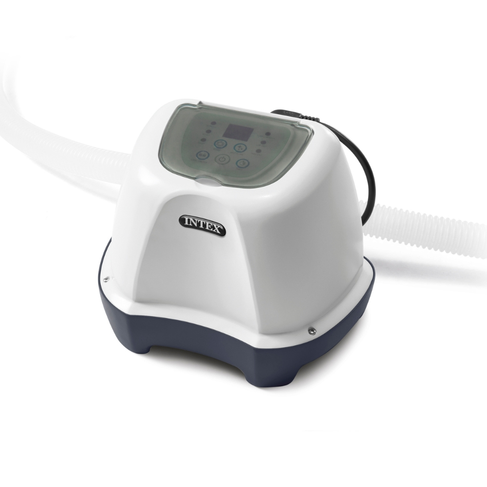 Witte en grijze Intex zwembadpomp met digitaal display.