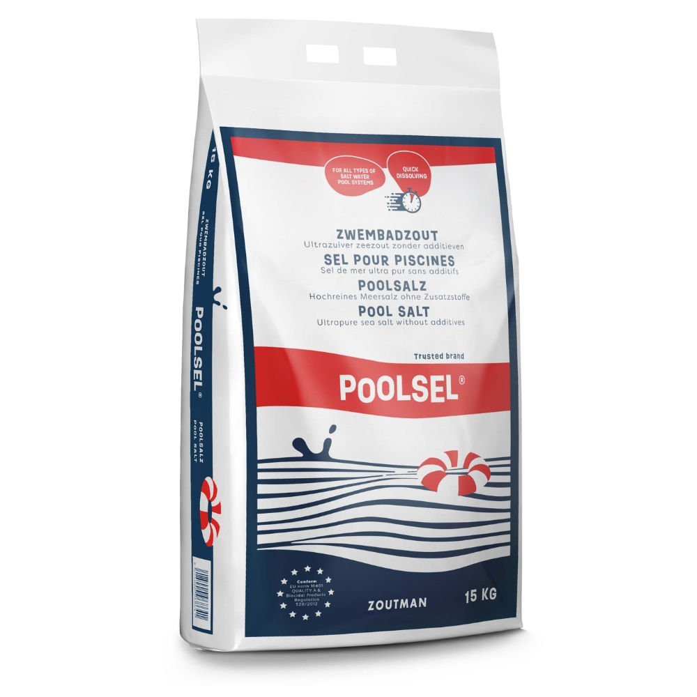 Witte zak zwembadzout met rood logo en waterplons illustratie.