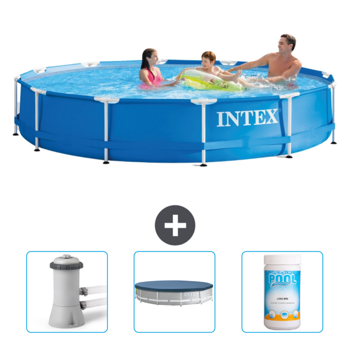 Leute in einem blauen Pool mit Zubehör wie Filter, Abdeckung und Chemikalien.