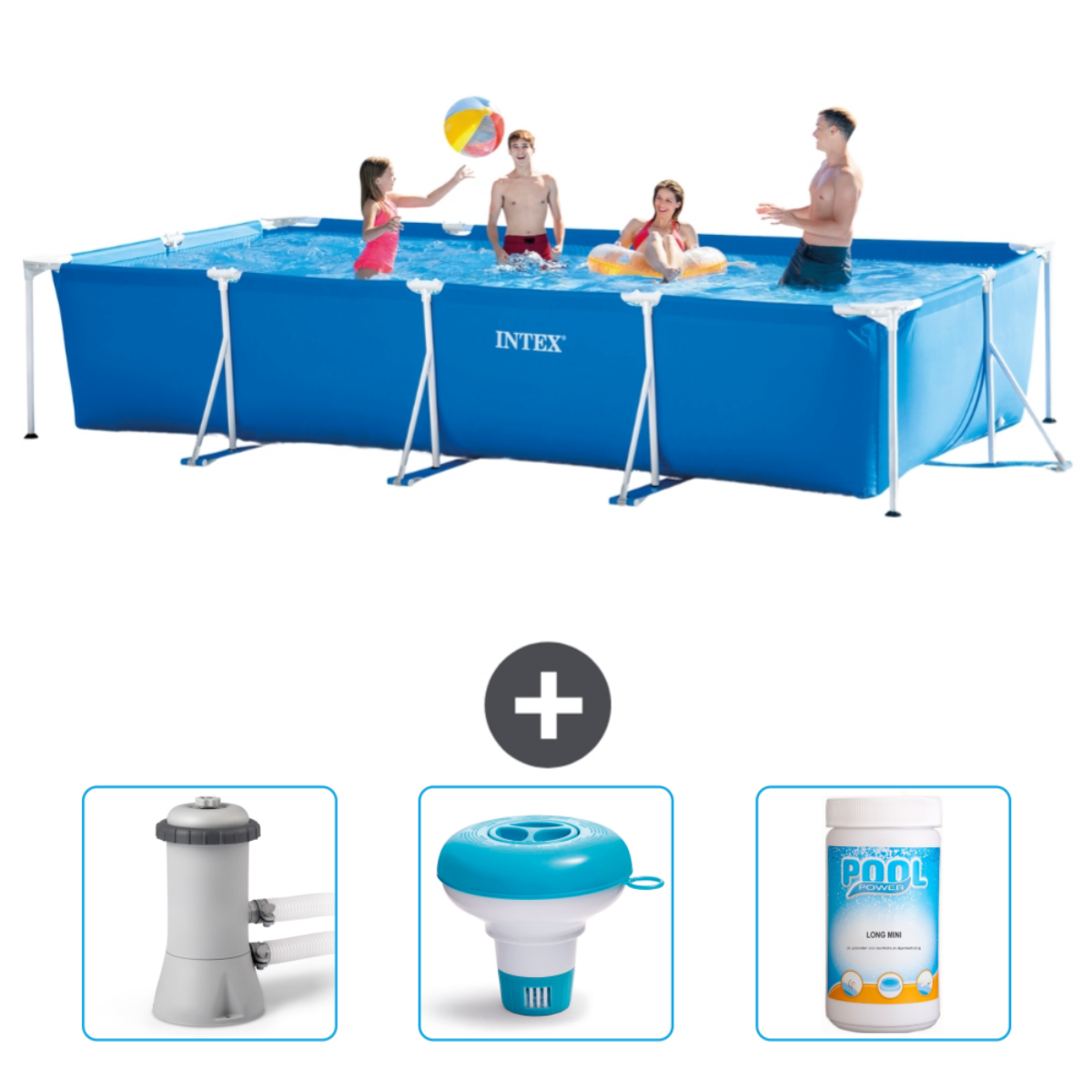 People in an Intex pool. Accessories include a filter, a floater, and chlorine tablets.